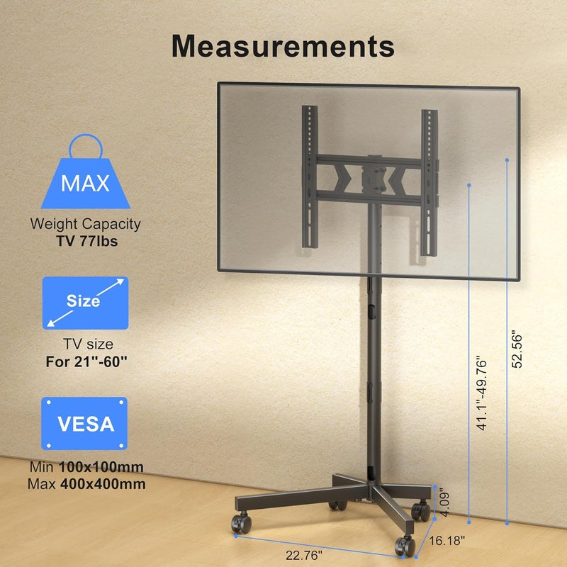 Xinlei Mobile TV Stand with Wheels for Most 21-60 Inch Flat/Curved Screens TVs, Height Adjustable Rolling TV Cart, up to 77 lbs, Max VESA 400x400, ML55SE - Image 3